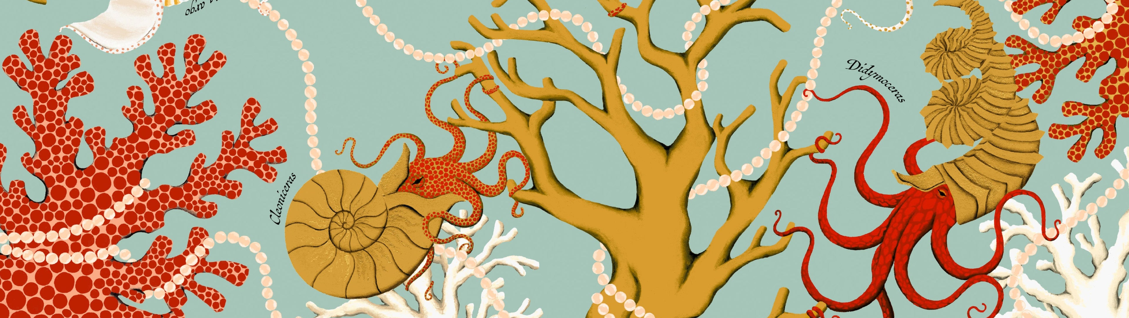 Decorative scarf with marine life design featuring ammonites, coral, and argonauts on a light blue background.