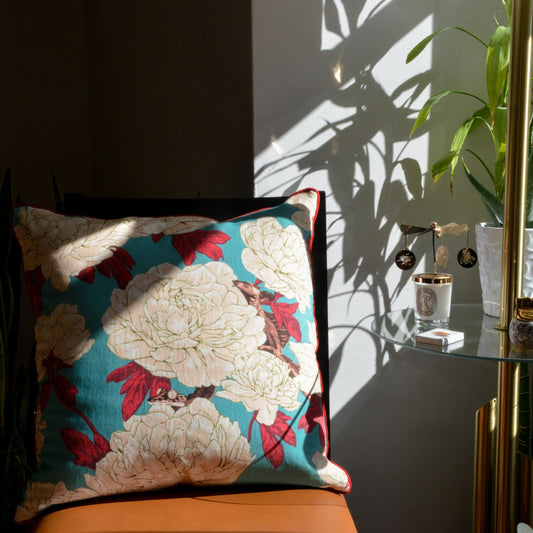 Lizards and Peonies Cushion - Turquoise