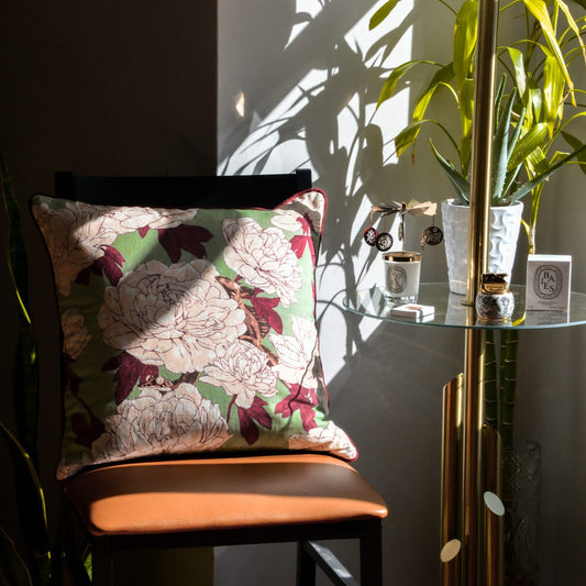 Lizards and Peonies Cushion - Green