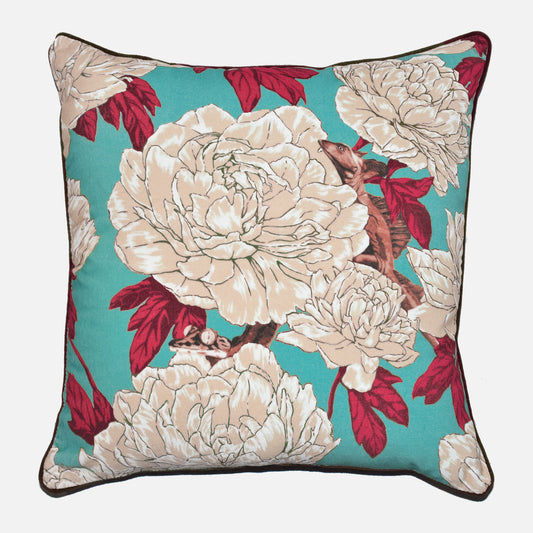 Lizards and Peonies Cushion - Turquoise